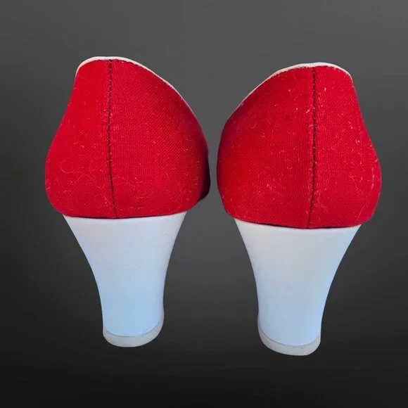 Vintage Socialites Spectator Heels Pumps Size 8 Red White 70s Does 40s Lace Up - Picture 8 of 11